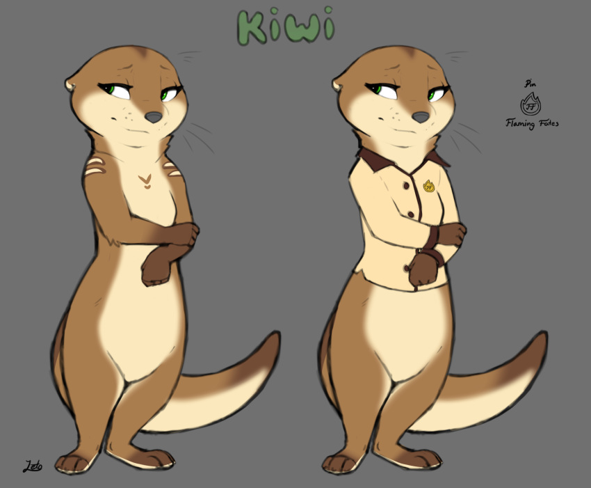 2019 3_toes 4_fingers anthro barefoot black_nose bottomless breasts brown_body brown_fur clothed clothing english_text featureless_breasts feet female fingers flat_colors fur green_eyes hi_res kiwi_(changing_fates) kuroodod letodoesart looking_away mammal markings model_sheet mustelid nude otter paws plantigrade pose signature simple_background small_breasts solo standing text toes