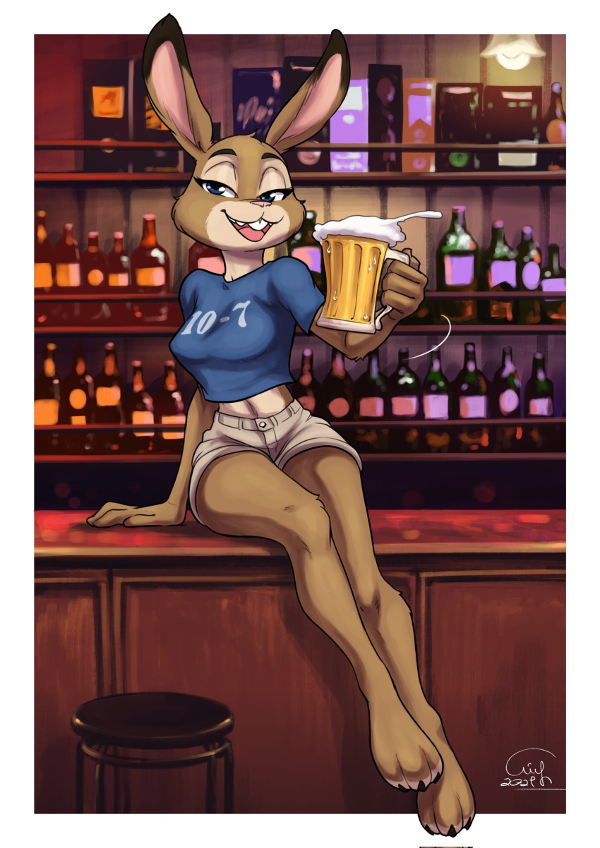 2021 aitchdouble alcohol anthro bar beer beverage blue_clothing blue_shirt blue_topwear bottomwear breasts brown_body brown_fur clothed clothing female front_view full-length_portrait fur grey_bottomwear grey_clothing grey_shorts hi_res holding_beverage holding_object lagomorph leporid looking_at_viewer mammal midriff open_mouth open_smile portrait rabbit shirt shorts sitting smile solo t-shirt topwear trisha_rose_(bluelighthouse)