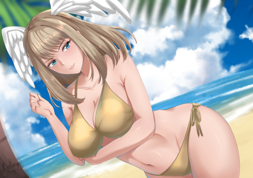 bikini blue_eyes breast_tattoo breasts eunie_(xenoblade) female head_wings large_breasts long_hair looking_at_viewer navel outdoors rinku_bny solo swimsuit tattoo white_wings wings xenoblade_chronicles_(series) xenoblade_chronicles_3