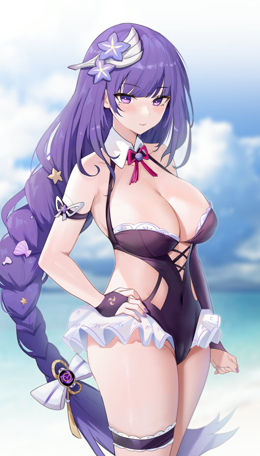 absurdres alternate_costume blush braid breasts cbmus cleavage detached_collar female fingerless_gloves flower frilled_one-piece_swimsuit frills genshin_impact gloves hair_ornament highres large_breasts long_hair looking_at_viewer mole mole_under_eye one-piece_swimsuit outdoors purple_eyes purple_flower purple_hair raiden_shogun solo swimsuit thigh_strap very_long_hair vision_(genshin_impact)