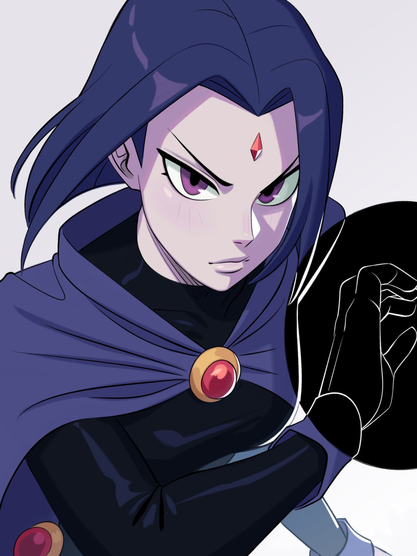 awawawaart bob_cut breasts cape closed_mouth colored_skin dc_comics english_commentary female forehead_jewel frown grey_background grey_skin highres leotard looking_at_viewer medium_breasts purple_eyes purple_hair raven_(dc) short_hair simple_background sleeved_leotard solo teen_titans tsurime upper_body