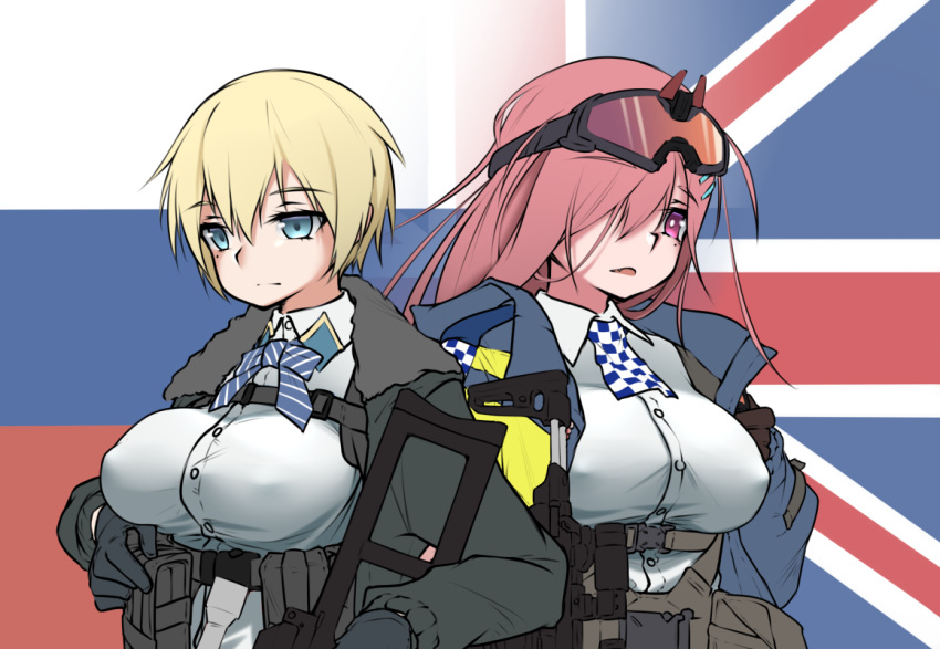 2girls armedshipyard assault_rifle black_jacket blonde_hair blue_eyes blue_jacket breasts closed_mouth eyewear_on_head girls'_frontline gun holding holding_weapon jacket large_breasts long_hair looking_away mole mole_under_eye multiple_girls open_clothes open_jacket open_mouth pink_hair police police_uniform purple_eyes rifle russian_flag shirt short_hair sig_mcx sig_mcx_(girls'_frontline) sig_sauer uniform union_jack vsk-94 vsk-94_(girls'_frontline) weapon white_shirt