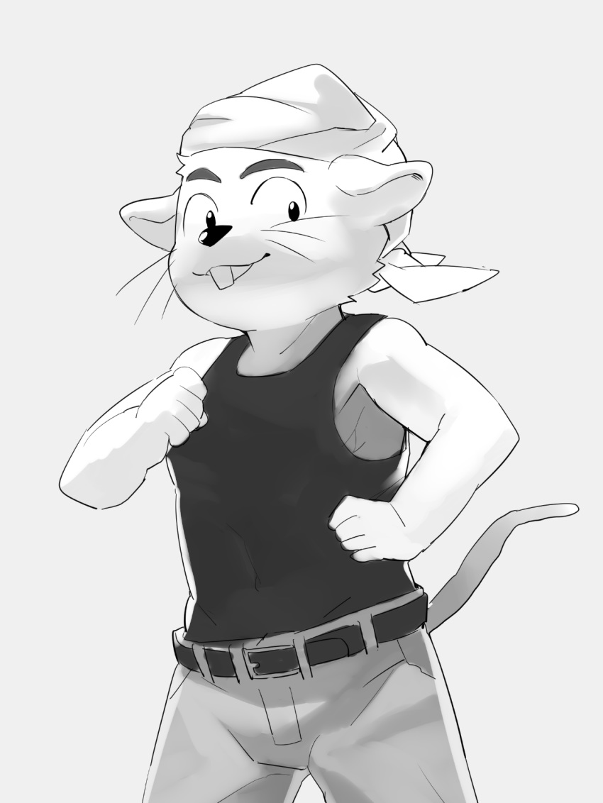 2020 anthro bottomwear chuukichi_(morenatsu) clothed clothing hi_res humanoid_hands kemono male mammal masshiro monochrome morenatsu mouse murid murine pants rodent shirt simple_background solo tank_top topwear