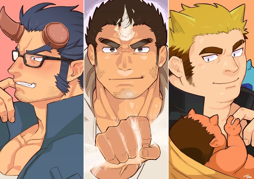 3boys arm_hair baby bara black-framed_eyewear blonde_hair blush broken_horn chest_hair colored_skin column_lineup cross_scar demon_boy demon_horns facial_hair fiery_horns finger_to_cheek frown glasses gouki_(housamo) harada_(basashi) holding_baby hood hood_down hooded_jacket horns houzouin_oniwaka jacket long_sideburns looking_at_viewer male_focus mature_male multiple_boys muscular muscular_male oerba_yun_fang oni oni_horns pectoral_cleavage pectorals red_oni red_skin scar scar_on_face scar_on_forehead short_hair sideburns single_horn smile stubble takemaru_(housamo) thick_eyebrows tohno_motosumi tokyo_afterschool_summoners upper_body zenki_(housamo)