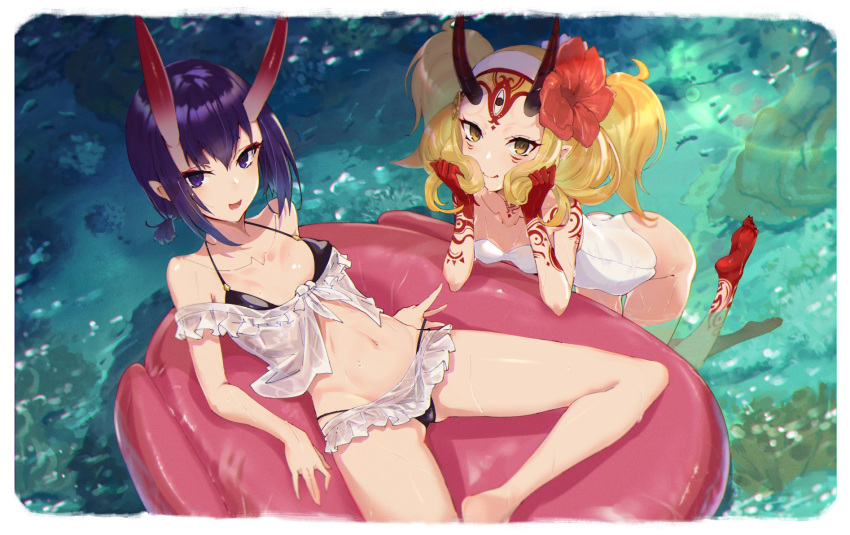 2girls bikini black_bikini breasts commentary_request facial_mark fate/grand_order fate_(series) fingernails forehead_mark highres horns ibaraki_douji_(fate) ibaraki_douji_(swimsuit_lancer)_(fate) ibaraki_douji_(swimsuit_lancer)_(second_ascension)_(fate) inflatable_raft kakumayu multiple_girls one-piece_swimsuit oni sharp_fingernails shuten_douji_(fate) skin-covered_horns small_breasts strapless strapless_one-piece_swimsuit swimsuit tattoo white_one-piece_swimsuit