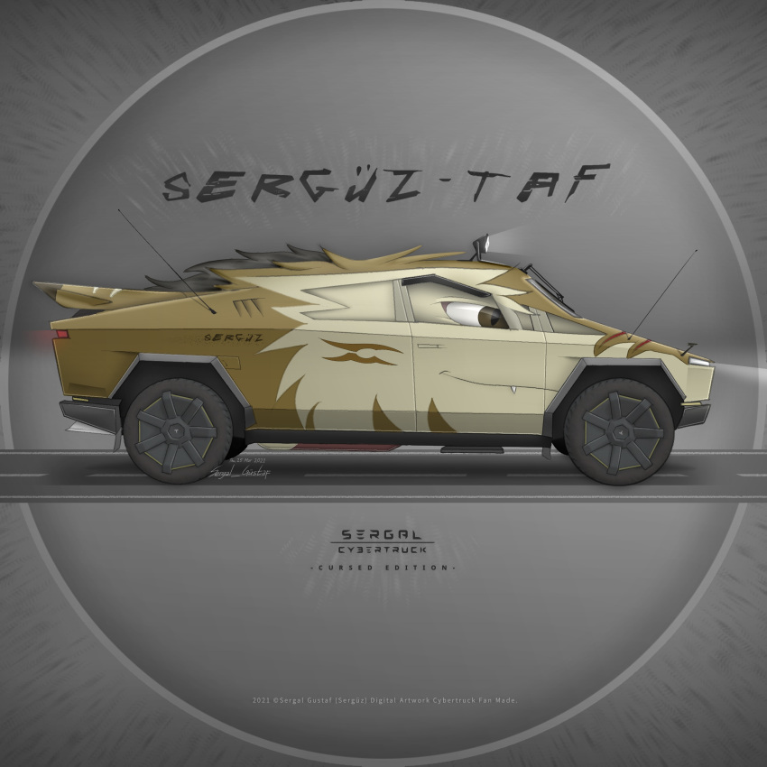 1:1 2021 absurd_res anthro black_hair brown_body brown_fur car cybertruck digital_media_(artwork) dire_car dire_machine dire_vehicle english_text fur hair hi_res light_truck living_car living_machine living_vehicle machine male meme motor_vehicle offroad pickup_truck redesign road sergal sergal_gustaf7 serguz simple_background solo tesla_(brand) text truck_(vehicle) vehicle windshield_wiper