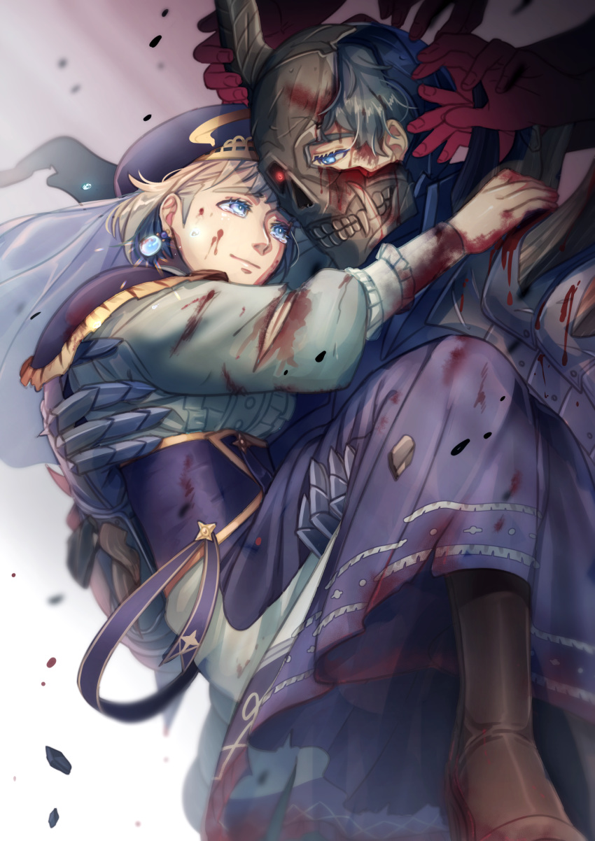 1boy armor bad_id bad_pixiv_id blonde_hair blood blood_on_clothes blood_on_face blood_on_hands blue_eyes blue_hair broken_helmet carrying commentary death_knight_(fire_emblem) earrings female fire_emblem fire_emblem:_three_houses guriya hat helmet highres jewelry mercedes_von_martritz princess_carry short_hair spoilers tearing_up