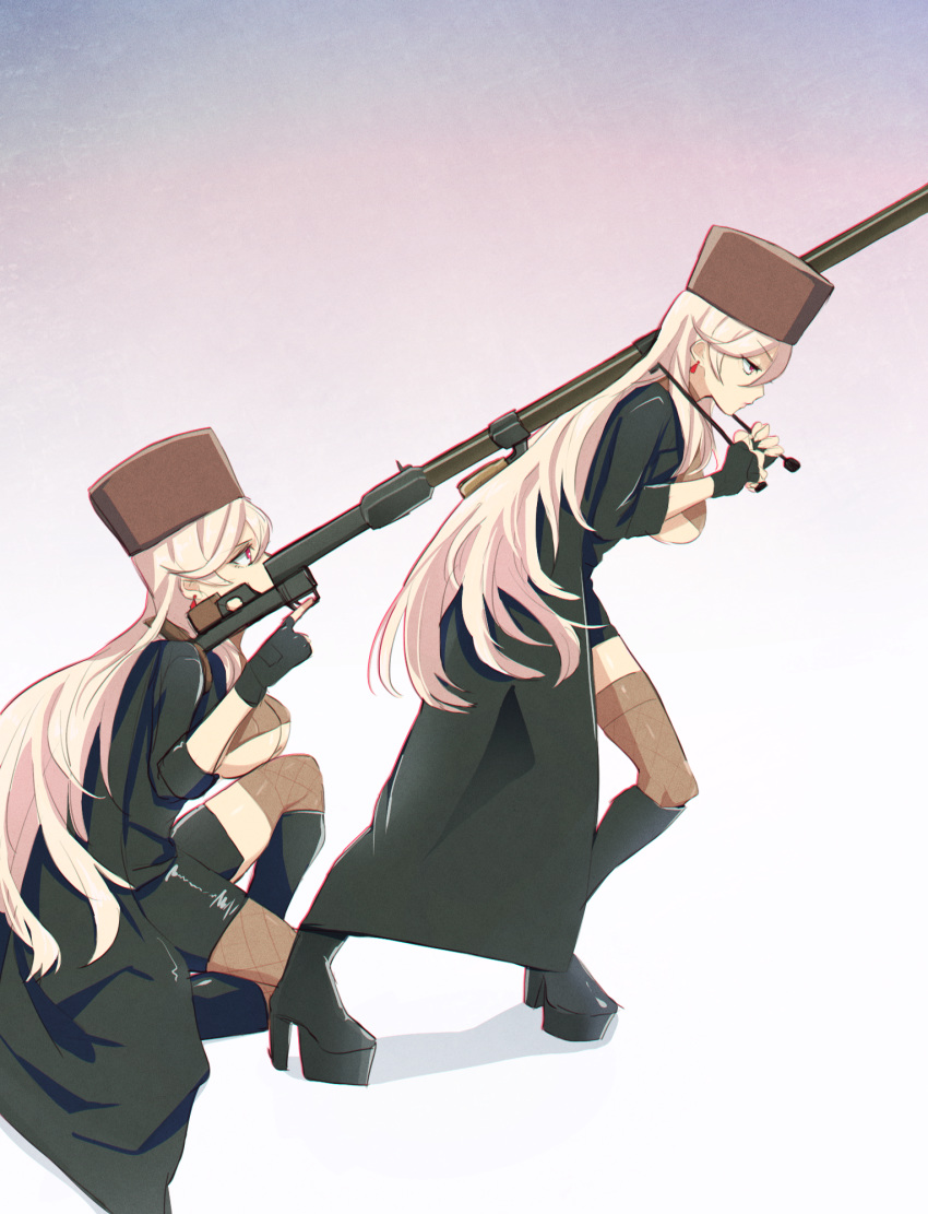 2girls anti-materiel_rifle asymmetrical_legwear black_footwear black_jacket black_legwear blonde_hair bolt_action boots breasts earrings fur_hat girls'_frontline gun hat highres jacket jewelry large_breasts long_hair multiple_girls papakha ptrd-41 ptrd_(girls'_frontline) red_eyes rifle simple_background sitting sniper_rifle thighhighs tuguoji uneven_legwear weapon