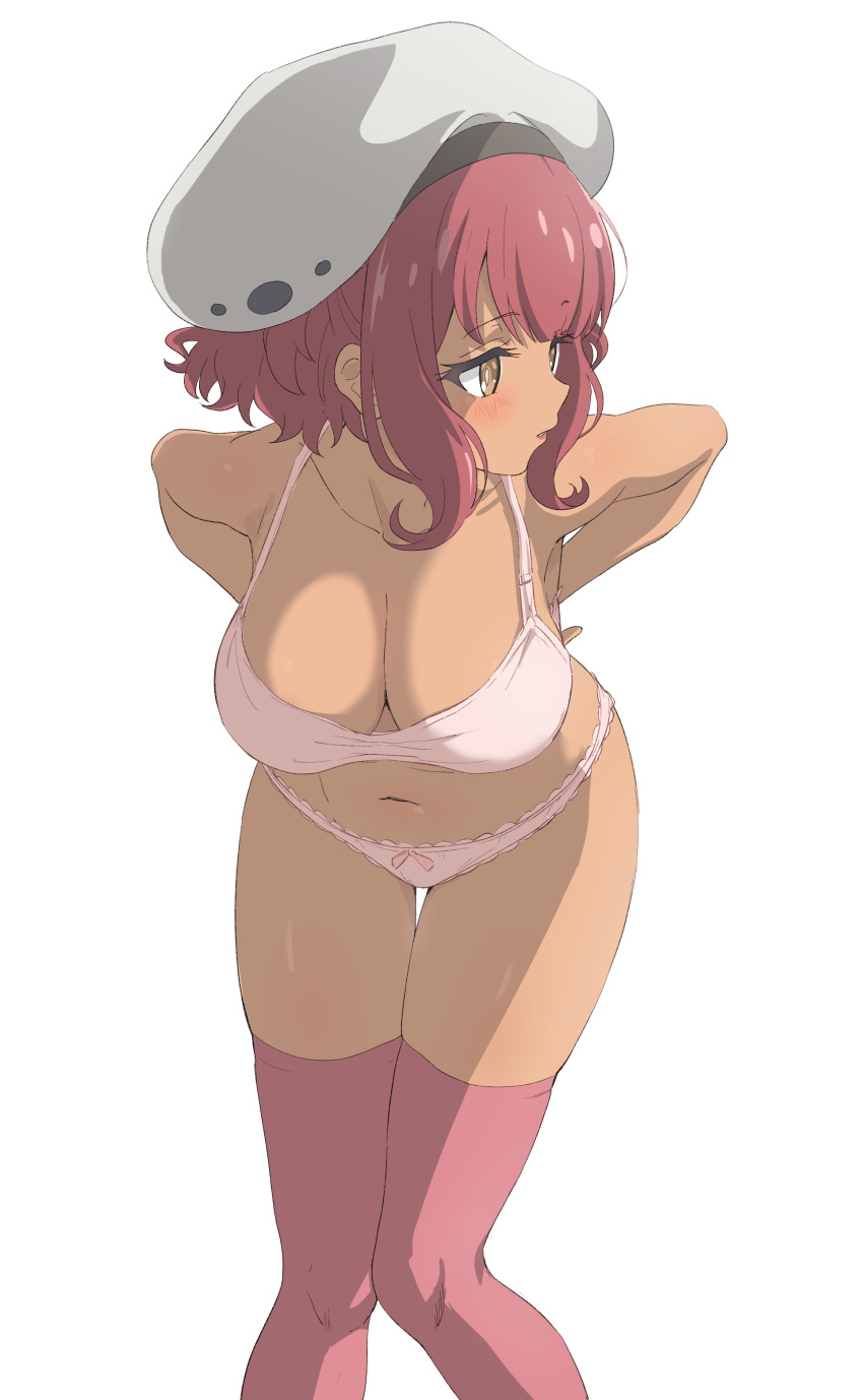 absurdres arms_behind_back bare_arms beret blush bow bow_panties bra braid breasts brown_eyes cleavage collarbone dark-skinned_female dark_skin feet_out_of_frame female hat highres holt_(mahoutsukai_reimeiki) knees_together_feet_apart large_breasts leaning_forward lips looking_away mahoutsukai_reimeiki navel panties parted_lips pink_hair pink_thighhighs short_hair sidelocks simple_background sincos solo stomach thighhighs turning_head underwear underwear_only white_background white_bra white_hat white_panties