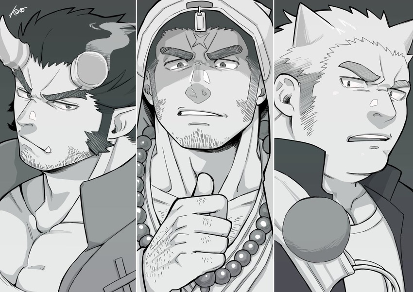 3boys arm_hair bara broken_horn chest_hair column_lineup cross_scar demon_boy demon_horns facial_hair fiery_horns greyscale harada_(basashi) hood hooded_jacket horns houzouin_oniwaka jacket long_sideburns looking_at_viewer male_focus mature_male monk monochrome multiple_boys muscular muscular_male oerba_yun_fang oni oni_horns pectoral_cleavage pectorals pointing pointing_at_self scar scar_on_face scar_on_forehead short_hair sideburns stubble takemaru_(housamo) thick_eyebrows tohno_motosumi tokyo_afterschool_summoners upper_body