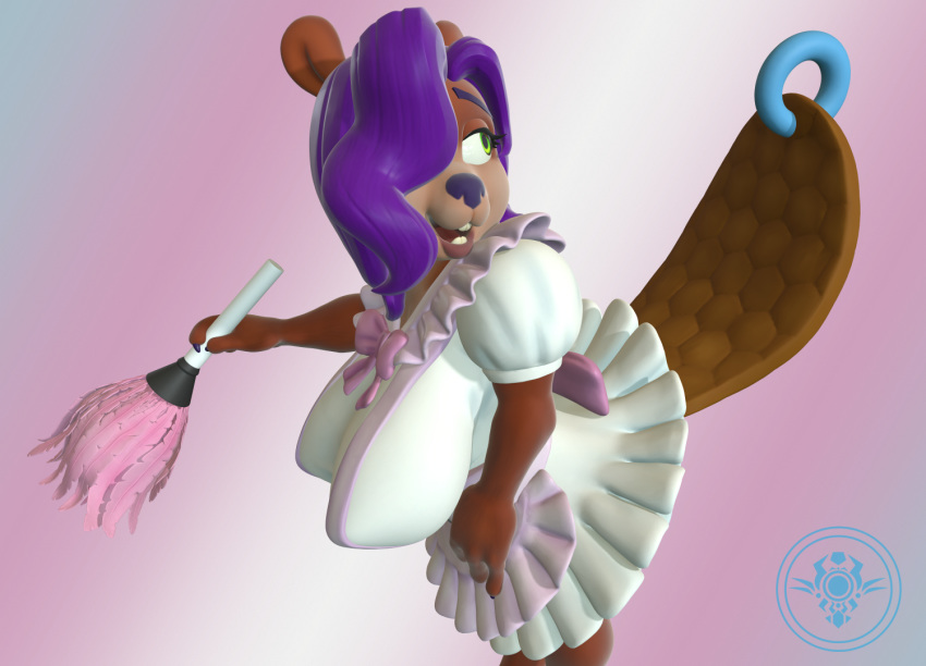 2019 3d_(artwork) beaver big_breasts bow_dress bow_in_back bow_in_front breasts buckteeth chromakoros cleaning_tool clothing digital_media_(artwork) feather_duster female furgonomics furry-specific_piercing gradient_background green_eyes hair maid_uniform mammal piercing purple_hair rodent simple_background solo tail tail_piercing teeth uniform vicky_ascot