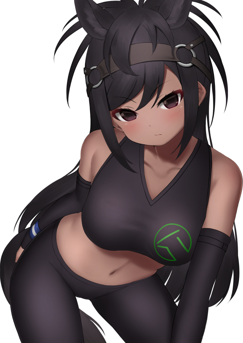 absurdres animal_ears bare_shoulders black_gloves black_hair black_pantyhose black_sports_bra breasts bridle brown_eyes brown_thoroughbred_(kemono_friends) collarbone dark-skinned_female dark_skin deku_suke elbow_gloves extra_ears female frown gloves highres horse_ears horse_girl horse_tail kemono_friends leaning_forward long_hair looking_at_viewer medium_breasts midriff navel pantyhose simple_background solo sports_bra swept_bangs tail v-shaped_eyebrows white_background