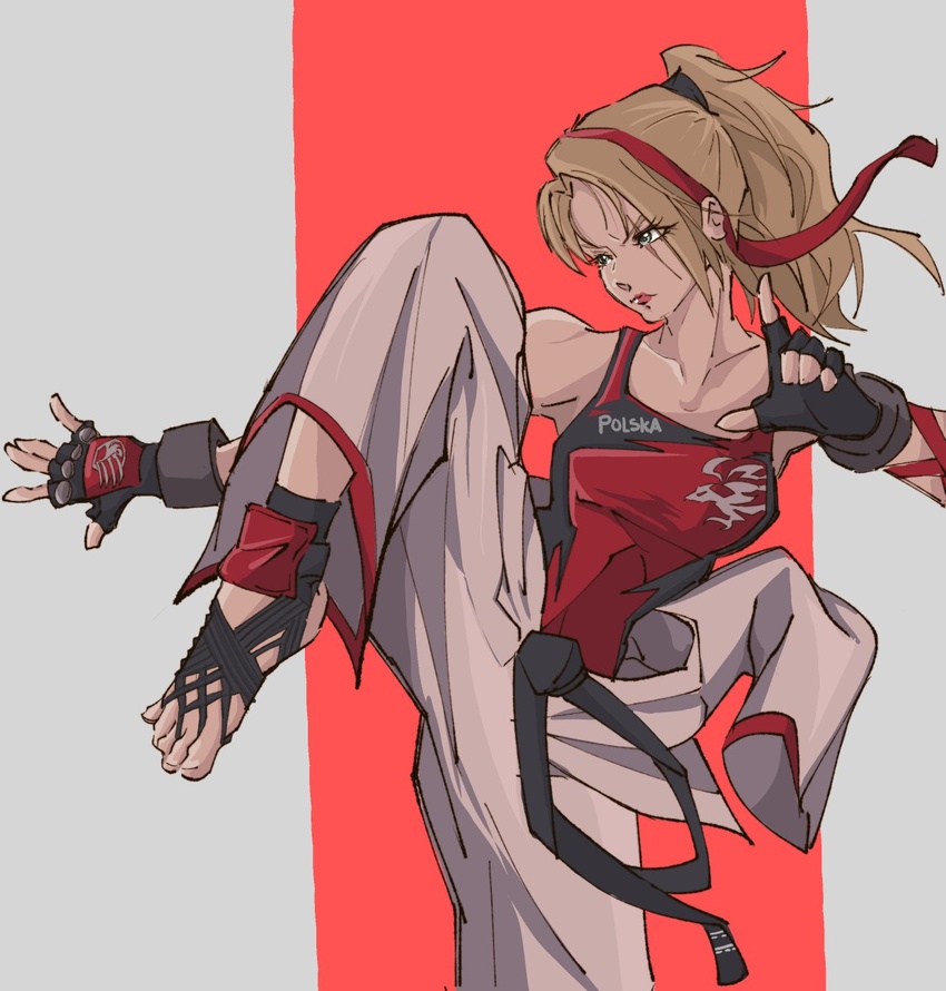 barefoot belt black_belt black_gloves black_scrunchie blonde_hair blue_eyes breasts clothes_around_waist dougi female fighting_stance fingerless_gloves gloves grey_background hair_ornament hair_scrunchie hairband high_kick highres karate karate_gi kicking leg_up liam_hull lidia_sobieska long_hair martial_arts_belt medium_breasts red_background red_hairband red_tank_top scar scar_across_eye scar_on_face scrunchie solo standing standing_on_one_leg studded_gloves tank_top tekken tekken_7 toes two-tone_background