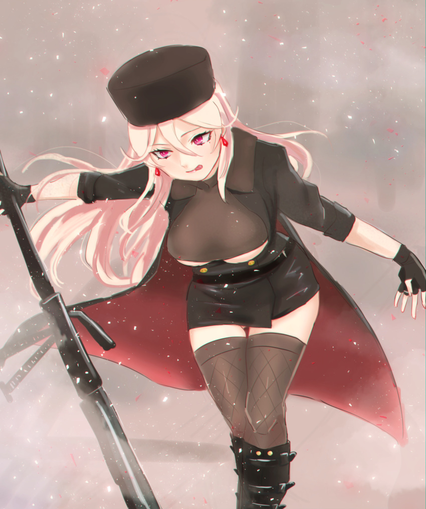 anti-materiel_rifle black_footwear black_gloves black_thighhighs blonde_hair bolt_action boots breasts earrings female fingerless_gloves fishnet_thighhighs fishnets fur_hat girls'_frontline gloves gun hair_between_eyes hat highres jewelry long_hair looking_at_viewer mole mole_under_eye papakha ptrd-41 ptrd_(girls'_frontline) purple_eyes rifle simple_background sniper_rifle solo thighhighs tongue tongue_out tuguoji turtleneck weapon