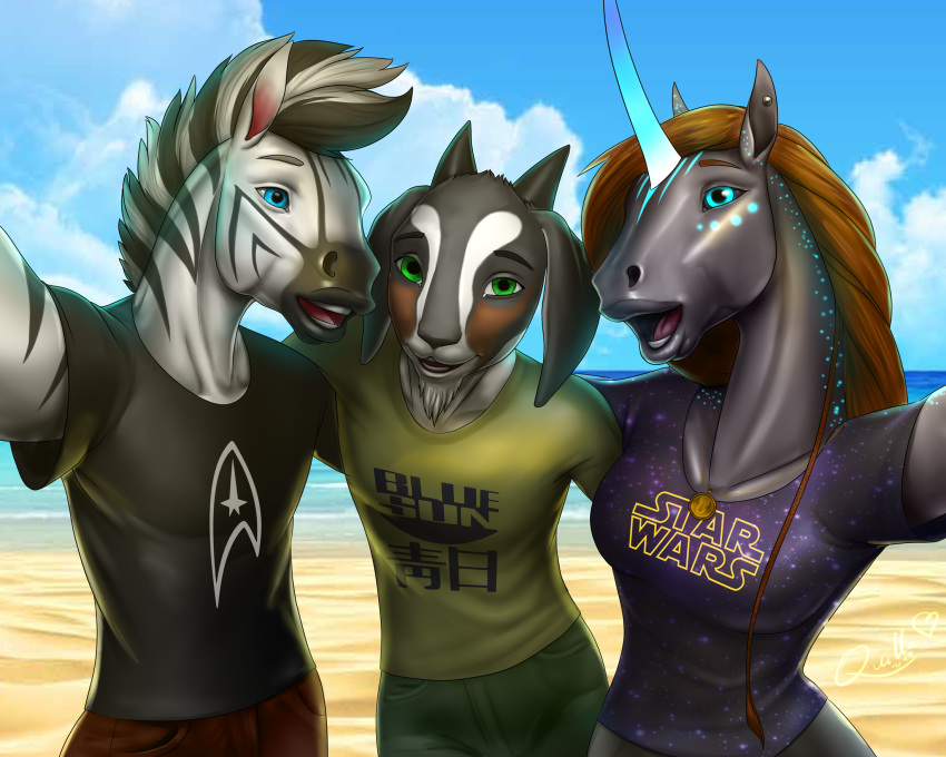 5:4 beach black_sclera blue_eyes bovid braided_hair brown_hair caprine clothing equid equine female firefly_(franchise) goat green_eyes group hair hi_res horn hug kaeldu male mammal mythological_creature mythological_equine mythology quillu quillu_(character) seaside selfie shirt star_trek star_wars text text_on_clothing text_on_shirt text_on_topwear topwear unicorn zebra