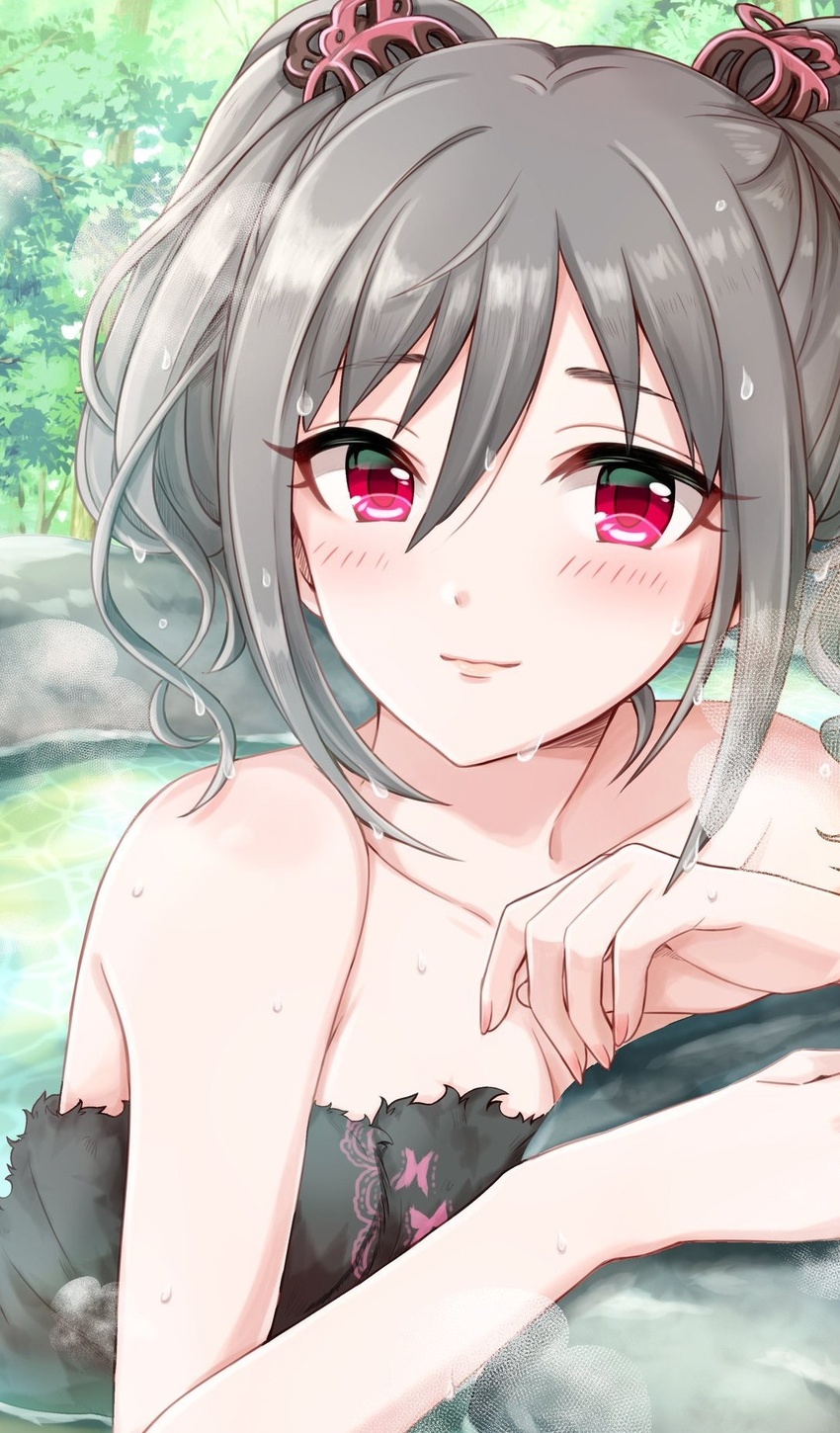 black_towel blush breasts cleavage collarbone female grey_hair highres idolmaster idolmaster_cinderella_girls kanzaki_ranko light_smile looking_at_viewer naked_towel onsen outdoors parted_lips partially_submerged popon_ta red_eyes solo towel twintails water_drop