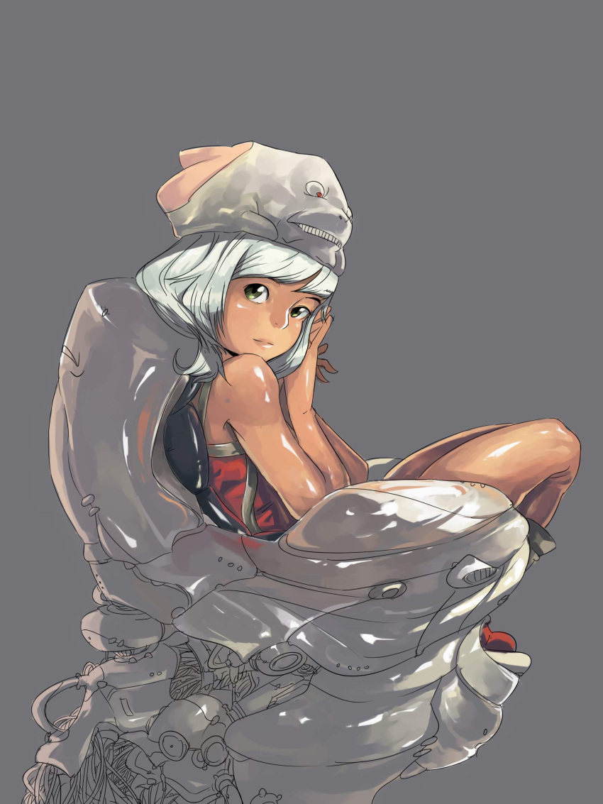 absurdres bad_id bad_pixiv_id bare_shoulders female green_eyes hat highres looking_at_viewer original rumo short_hair silver_hair simple_background sitting solo