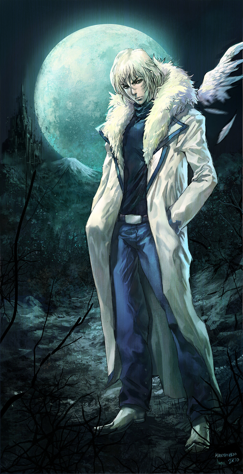 1boy absurdres bad_deviantart_id bad_id castlevania:_aria_of_sorrow castlevania_(series) coat full_moon hands_in_pockets highres male_focus moon mountain solo soma_cruz steven_mack trench_coat turtleneck white_hair