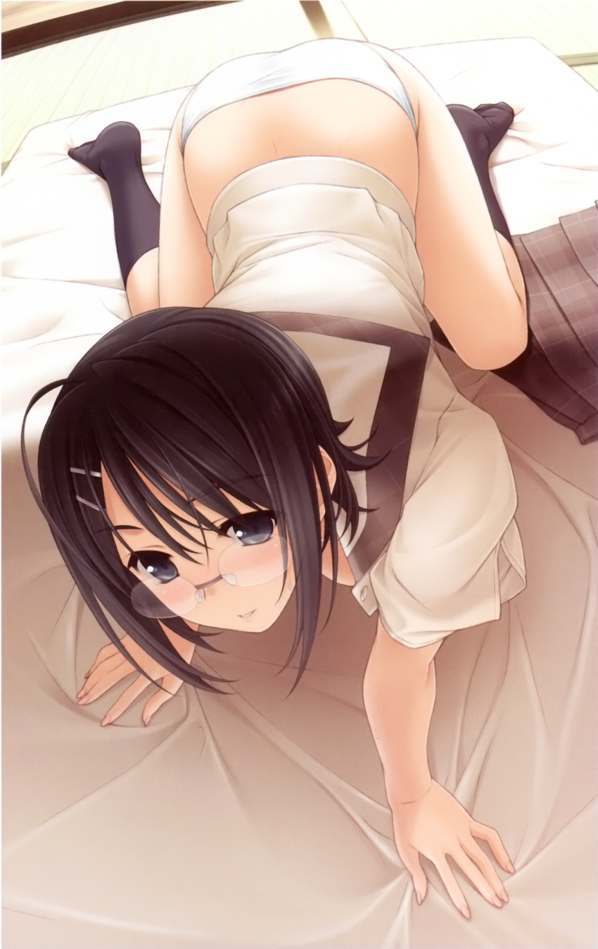 all_fours ass black_eyes black_hair blush female glasses hair_ornament hairclip hashimoto_takashi highres imageboard_desourced kneehighs non-web_source panties school_uniform short_hair skirt socks solo underwear yorihime_nao yosuga_no_sora