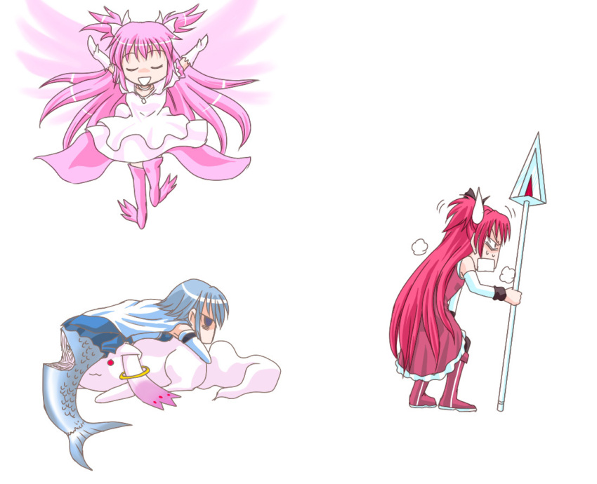 3girls :3 blue_eyes blue_hair boots cape chibi commentary_request kaname_madoka kisaragi_ryou_(sougetsu-tei) kyuubee long_hair magical_girl mahou_shoujo_madoka_magica mahou_shoujo_madoka_magica_(anime) mermaid miki_sayaka miki_sayaka_(magical_girl) monster_girl monsterification multiple_girls pink_footwear polearm ponytail red_hair sakura_kyoko sakura_kyoko_(magical_girl) short_hair spear spoilers thigh_boots thighhighs ultimate_madoka weapon white_cape