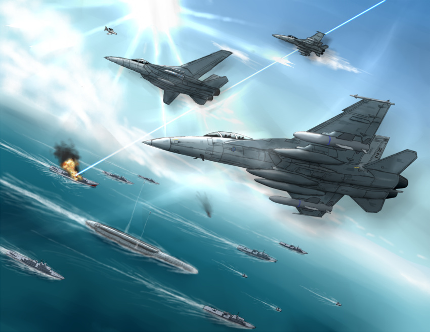 ace_combat ace_combat_5 aircraft airplane artistic_error bad_id bad_pixiv_id boat commentary cruiser day destroyer e-767 explosion f-14_tomcat f-18_hornet fighter_jet flying gun helicopter jet laser light_rays military military_vehicle missile no_humans ocean ragi_(00203) scinfaxi_(ace_combat_5) ship sky smoke submarine sun sunbeam sunlight vehicle_focus wake warship watercraft weapon