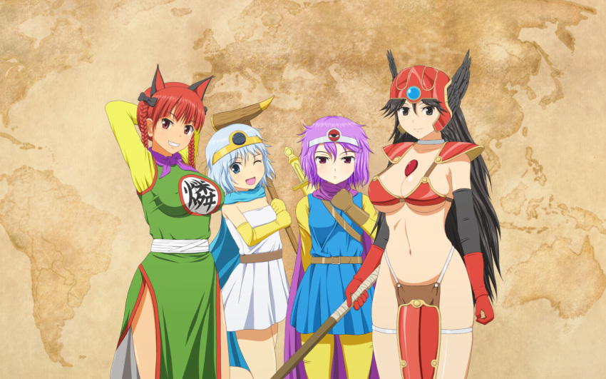 4girls animal_ears armor axe bad_id bad_pixiv_id bikini_armor black_hair blue_eyes blue_hair braid breasts cat_ears chinese_clothes circlet cleavage cosplay covered_nipples dragon_quest dragon_quest_iii elbow_gloves fighter_(dq3) fighter_(dq3)_(cosplay) gloves grey_eyes head_wings helmet heroine_(dq3) highres jean0503 kaenbyou_rin komeiji_koishi komeiji_satori large_breasts long_hair multiple_girls one_eye_closed open_mouth photoshop_(medium) purple_eyes purple_hair red_eyes red_hair reiuji_utsuho roto_(dq3) roto_(dq3)_(cosplay) sage_(dq3) sage_(dq3)_(cosplay) short_hair side_slit smile soldier_(dq3) soldier_(dq3)_(cosplay) staff sword thighhighs thighs third_eye touhou twin_braids weapon wings