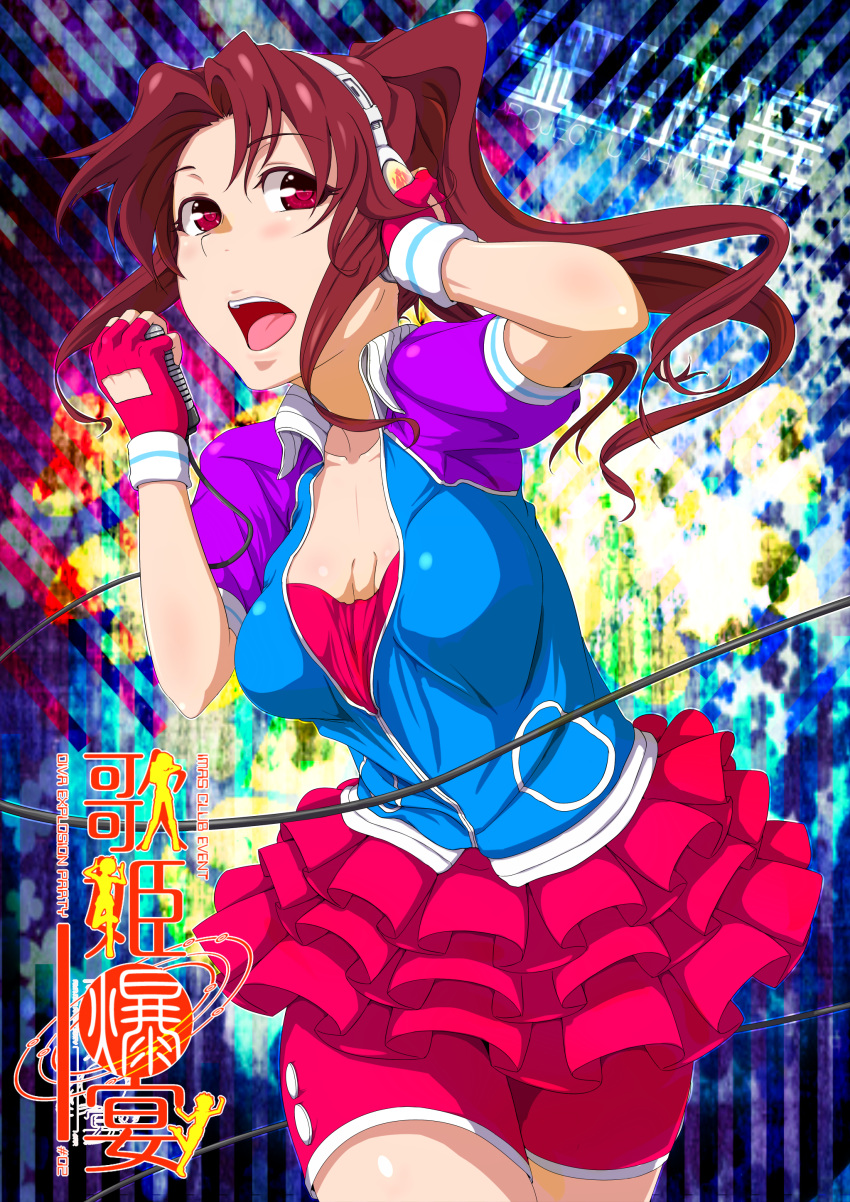 absurdres bike_shorts breasts brown_hair clearite commentary_request female fingerless_gloves gloves hand_on_headphones headphones highres idolmaster idolmaster_dearly_stars jacket long_hair medium_breasts microphone open_mouth ozaki_reiko ponytail red_eyes skirt solo