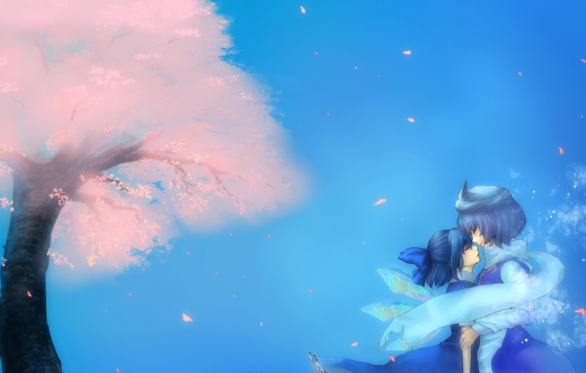 2girls amazawa_kazumi blue_hair cherry_blossoms cirno commentary_request dress letty_whiterock light_purple_hair multiple_girls petals scarf short_hair smile touhou tree wings