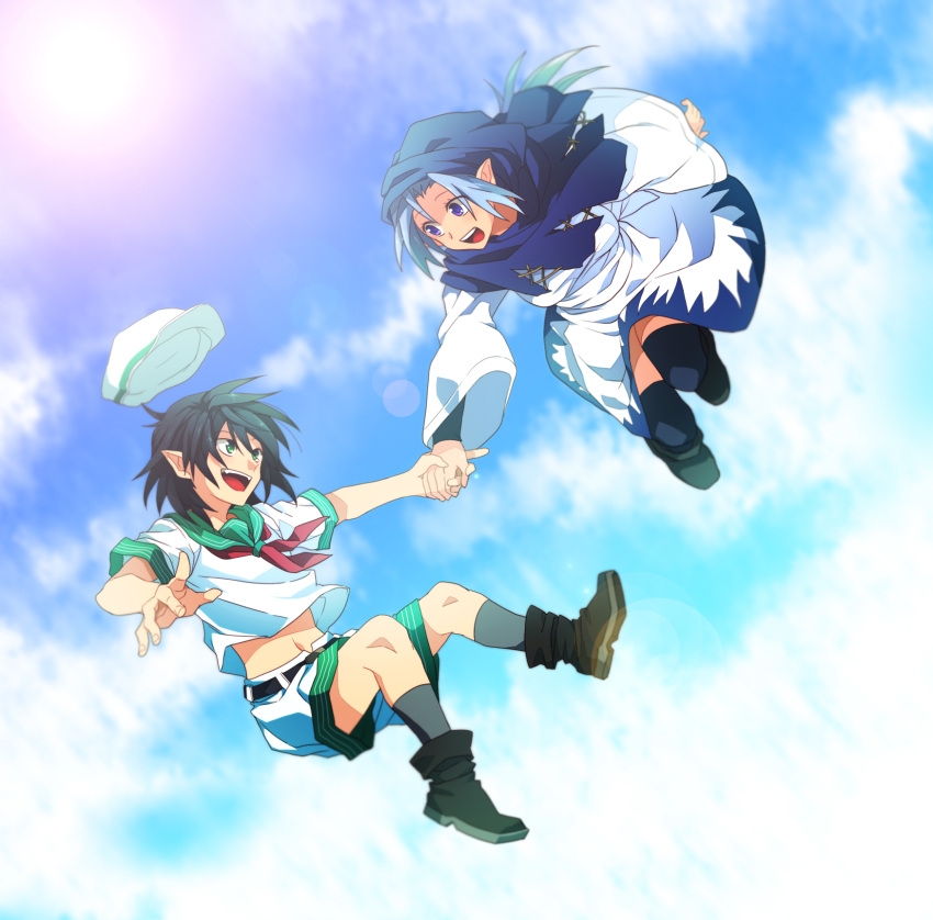 2girls :d ascot bad_id bad_pixiv_id black_hair blue_eyes boots cloud day dress fangs green_eyes hat highres holding_hands hood kumoi_ichirin light_purple_hair midriff multiple_girls murasa_minamitsu navel open_mouth photoshop_(medium) pointy_ears rex_k sailor sailor_hat short_hair short_sleeves shorts sky smile thighhighs touhou