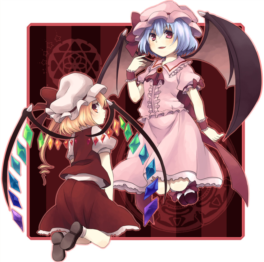 2girls bad_id bad_pixiv_id bat_wings blonde_hair blue_hair flandre_scarlet hat highres konbu_ame looking_back multiple_girls oerba_yun_fang open_mouth red_eyes remilia_scarlet short_hair siblings side_ponytail sisters skirt skirt_set touhou wings wrist_cuffs