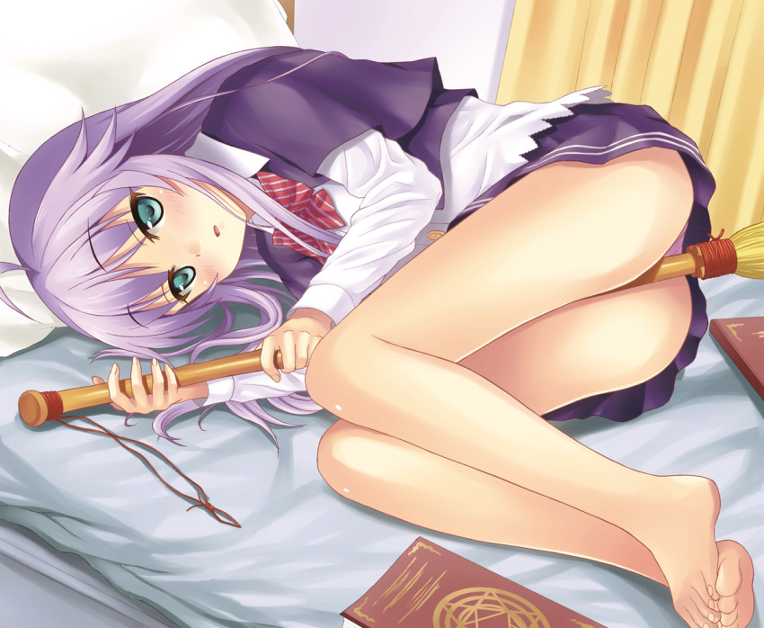 aqua_eyes bad_id bad_pixiv_id barefoot bed blush book broom feet female legs lying magic on_side open_mouth original panties purple_hair purple_panties rasahan shirt skirt solo underwear