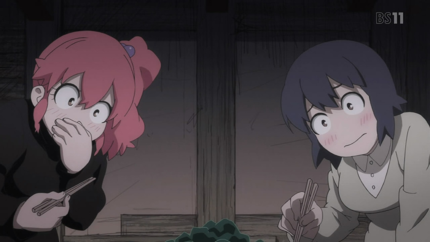 2girls black_shirt blouse blush brown_eyes chopsticks dark_hair eating embarrassed food hair_ornament hen_zemi indoors katou_anna matsutaka_nanako ponytail red_hair screen_capture seaweed shock short_hair worried