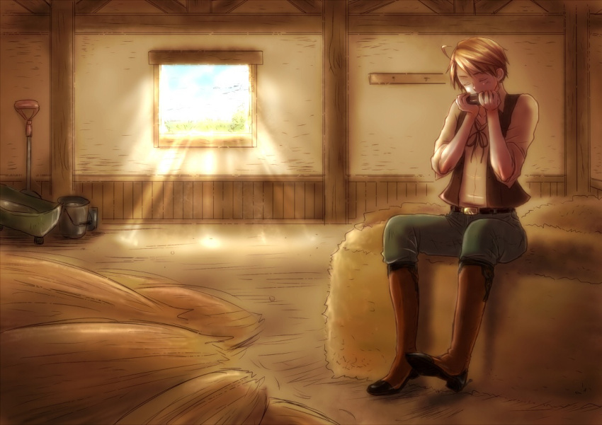 1boy aged_down ahoge america_(hetalia) axis_powers_hetalia bad_id bad_pixiv_id belt blonde_hair boots bucket closed_eyes harmonica hay instrument male_focus shovel sitting solo vest yodarechan