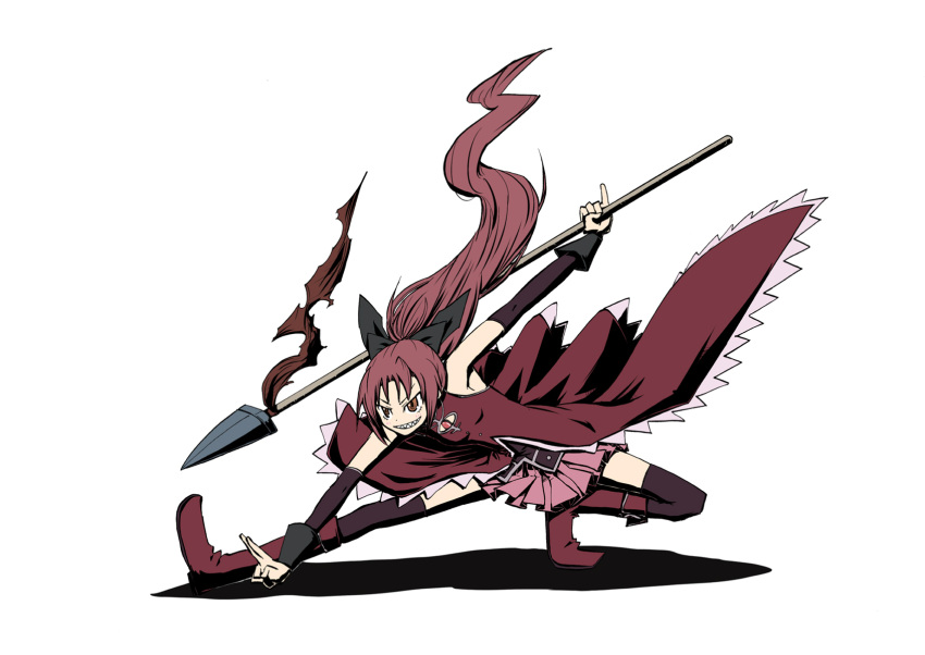 arm_warmers boots bow commentary_request female fighting_stance full_body hairbow highres holding karu_(ishiken) legs_apart long_hair mahou_shoujo_madoka_magica mahou_shoujo_madoka_magica_(anime) polearm ponytail pose red_eyes red_hair sakura_kyoko sakura_kyoko_(magical_girl) sharp_teeth simple_background solo spear teeth thighhighs weapon white_background