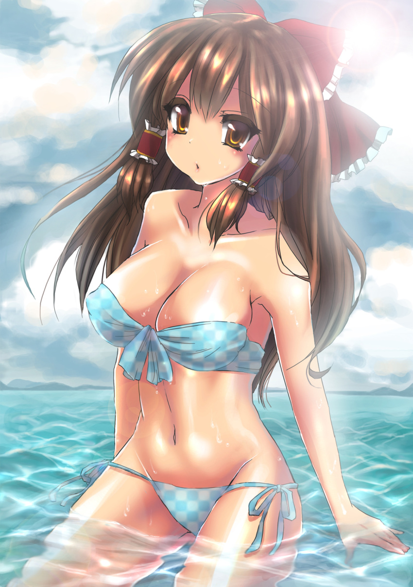 bandeau bikini bow breasts brown_eyes brown_hair checkered commentary_request female front-tie_top hair_tubes hairbow hakurei_reimu highres large_breasts long_hair navel photoshop_(medium) shiny_skin sibata side-tie_bikini_bottom solo submerged swimsuit touhou wet