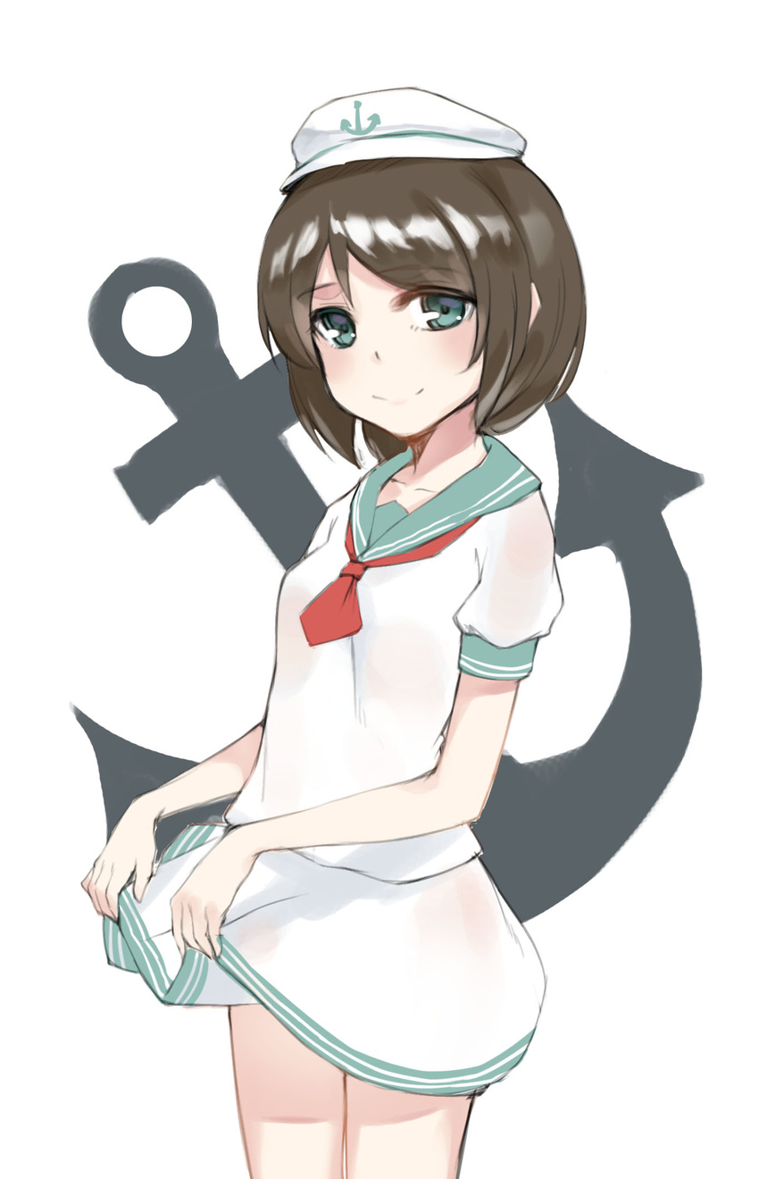 anchor anhao bad_id bad_pixiv_id brown_hair closed_mouth collarbone cowboy_shot female green_eyes hat highres ke-ta_(style) legs_together lifting_own_clothes looking_at_viewer miniskirt murasa_minamitsu neckerchief photoshop_(medium) sailor sailor_hat shirt short_hair short_sleeves simple_background skirt skirt_hold skirt_set smile solo touhou white_shirt white_skirt