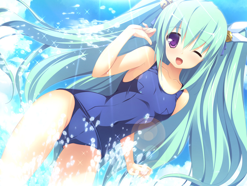 cameltoe ezekiel game_cg osananajimi_wa_daitouryou purple_eyes school_swimsuit swimsuit wet wink