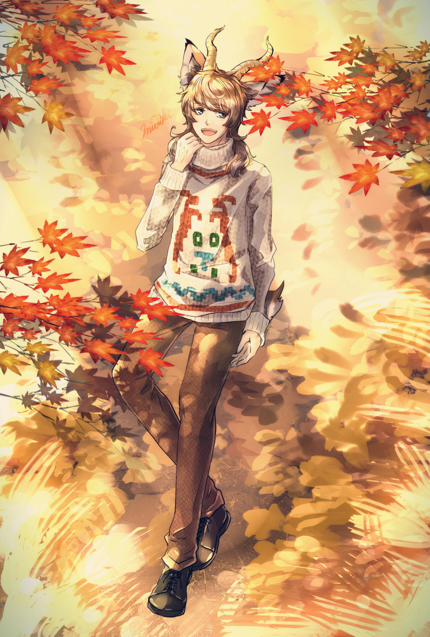 1boy animal_crossing animal_ears artist_name beau_(animal_crossing) blue_eyes brown_hair commentary_request deer_ears deer_tail highres horns humanization leaf long_hair male_focus mituki open_mouth solo tail teeth tree