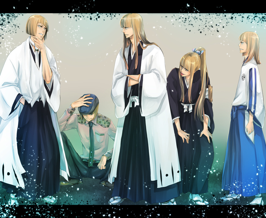 ai_(ai1470) bleach blonde_hair grin hand_on_own_chin haori hat highres hirako_shinji japanese_clothes male male_focus multiple_persona necktie ponytail scarf short_hair smile squatting standing taichou_haori tongue young younger