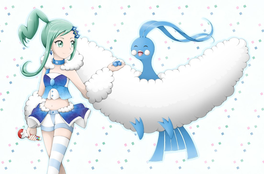 altaria aqua_eyes aqua_hair asymmetrical_clothes asymmetrical_hair bare_shoulders earrings idol lucia_(pokemon) navel pokemon pokemon_(creature) pokemon_(game) ponytail short_shorts smile striped_legwear thighhighs