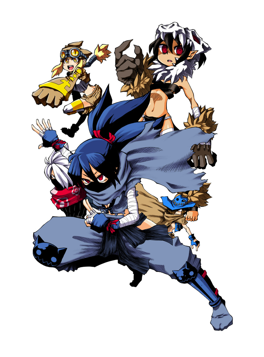 2boys 3girls absurdres arita_hino bad_id bad_pixiv_id black_hair blonde_hair cape commentary_request cowboy_hat disgaea gloves goggles goggles_on_head gunner_(disgaea) hair_over_one_eye hat helmet high_ponytail highres kunoichi_(disgaea) long_hair mask multiple_boys multiple_girls ninja ninja_(disgaea) pointy_ears ponytail red_eyes scarf shaman_(disgaea) smile thief_(disgaea) white_background white_hair yellow_eyes