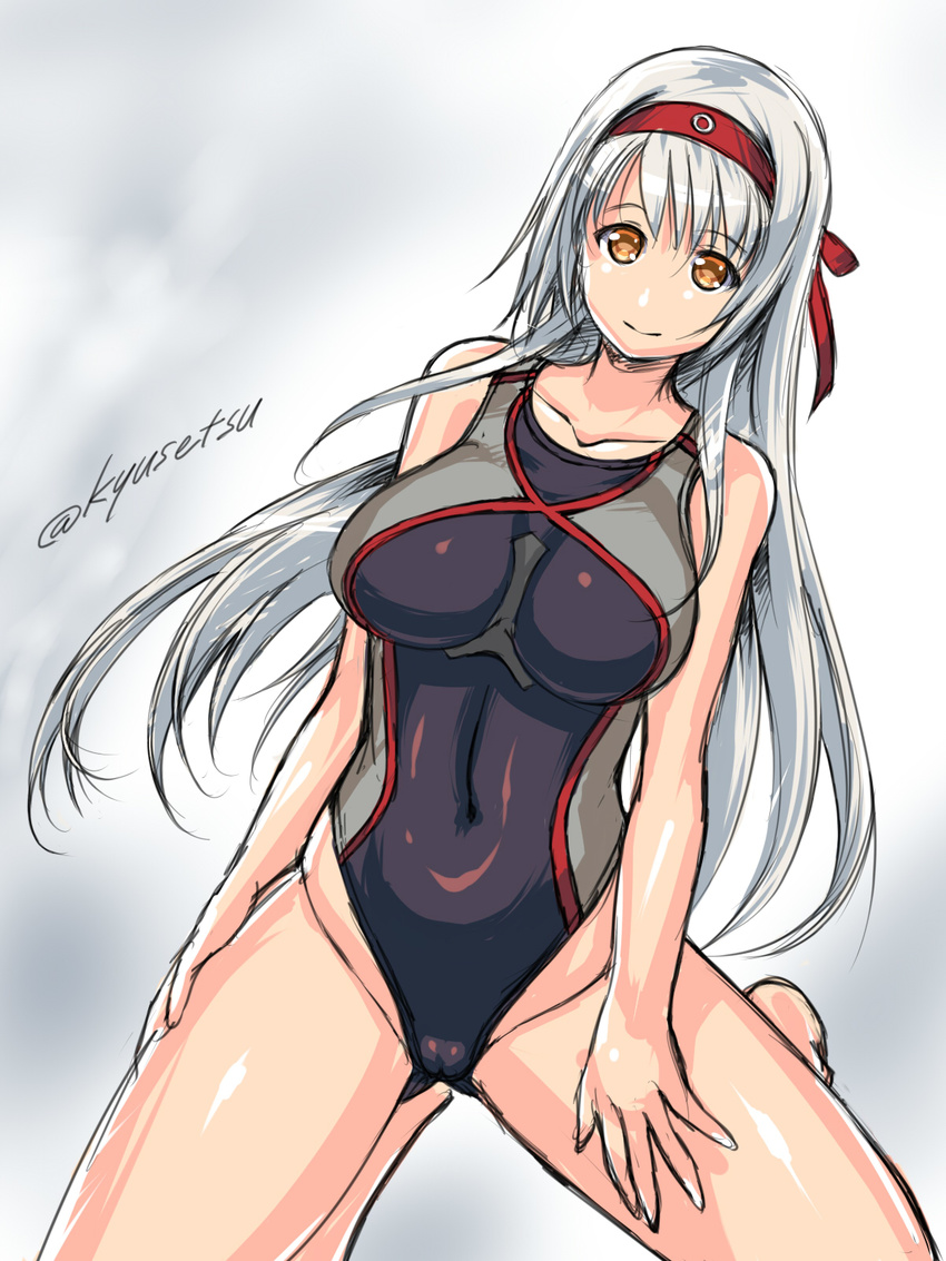 bad_id bad_pixiv_id brown_eyes commentary_request competition_swimsuit female grey_hair habutae_kyusetsu hairband highres kantai_collection kneeling long_hair one-piece_swimsuit shoukaku_(kancolle) solo swimsuit