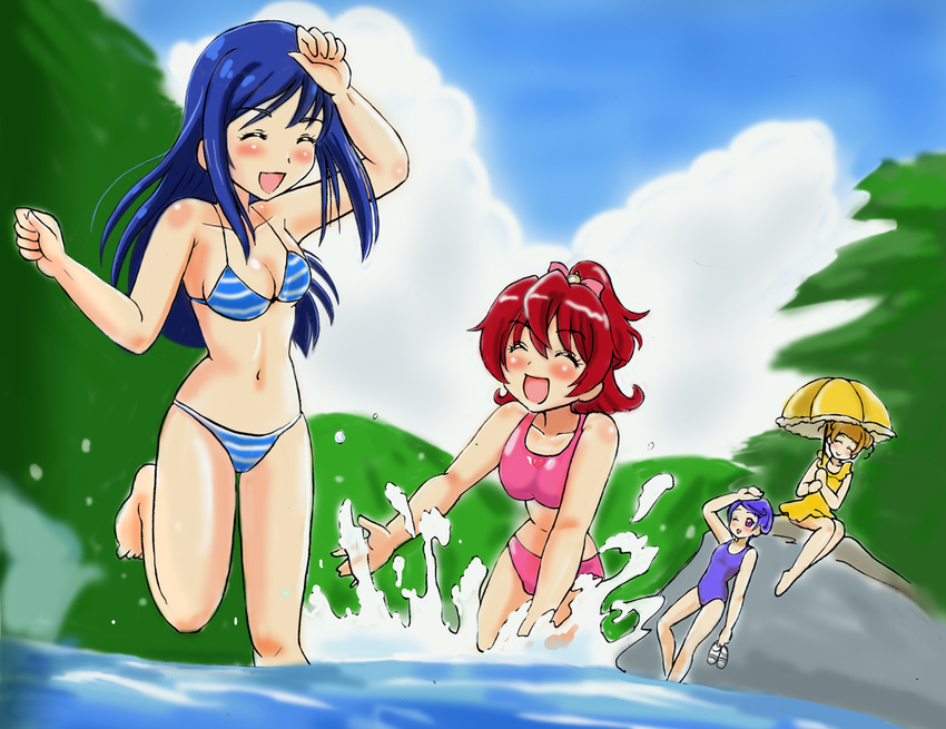 4girls aida_mana bikini blue_hair closed_eyes commentary_request dokidoki!_precure hishikawa_rikka hoshikawa_tsukimi kenzaki_makoto long_hair multiple_girls pink_hair precure short_hair splashing swimsuit umbrella yotsuba_alice