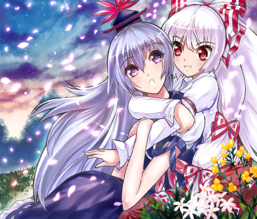 2girls bad_id bad_pixiv_id blue_eyes blue_hair bow dress dress_shirt fujiwara_no_mokou grass hairbow hekiten hug hug_from_behind kamishirasawa_keine long_hair multiple_girls pants petals red_eyes ribbon shirt sitting smile suspenders touhou very_long_hair white_hair