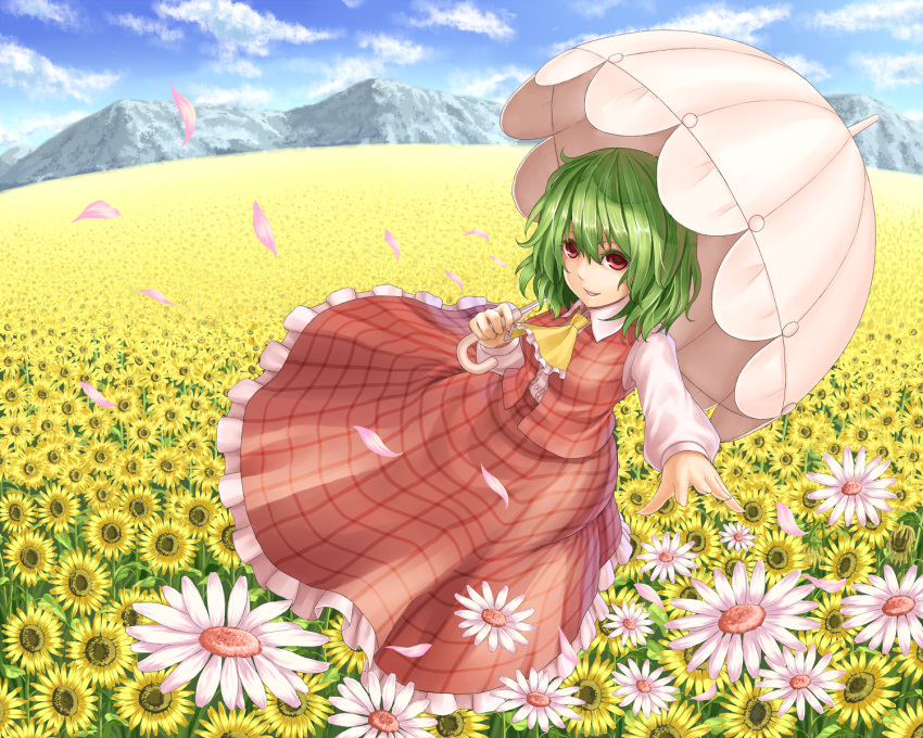 ascot blue_sky cloud commentary_request day falling_petals female field flower flower_field frilled_ascot frilled_skirt frills full_body garden_of_the_sun green_hair hair_between_eyes highres holding holding_umbrella horizon kazami_yuuka landscape long_skirt long_sleeves looking_at_viewer mountain outdoors parasol parted_lips petals plaid plaid_skirt plaid_vest red_eyes red_skirt red_vest scenery shirt short_hair skirt skirt_set sky smile solo sunflower sunflower_field touhou umbrella vest wasabichan white_flower white_shirt white_umbrella yellow_ascot yellow_flower