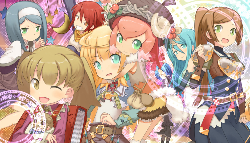 4boys 5girls aqua_hair belt black_hair blonde_hair blue_hair blunt_bangs book brown_eyes brown_hair buntan commentary_request elbow_gloves elsie_quin glasses gloves green_eyes hairband hat holding horns karuna_astarra keke_(noora_to_toki_no_koubou) long_hair long_sleeves mellow_(noora_to_toki_no_koubou) multiple_boys multiple_girls noora_brandor noora_to_toki_no_koubou one_eye_closed open_mouth orange_eyes pleated_skirt ponytail pouch red_hair ruttz_alenius shoulder_pads sirkka_bjorn skirt smile vest