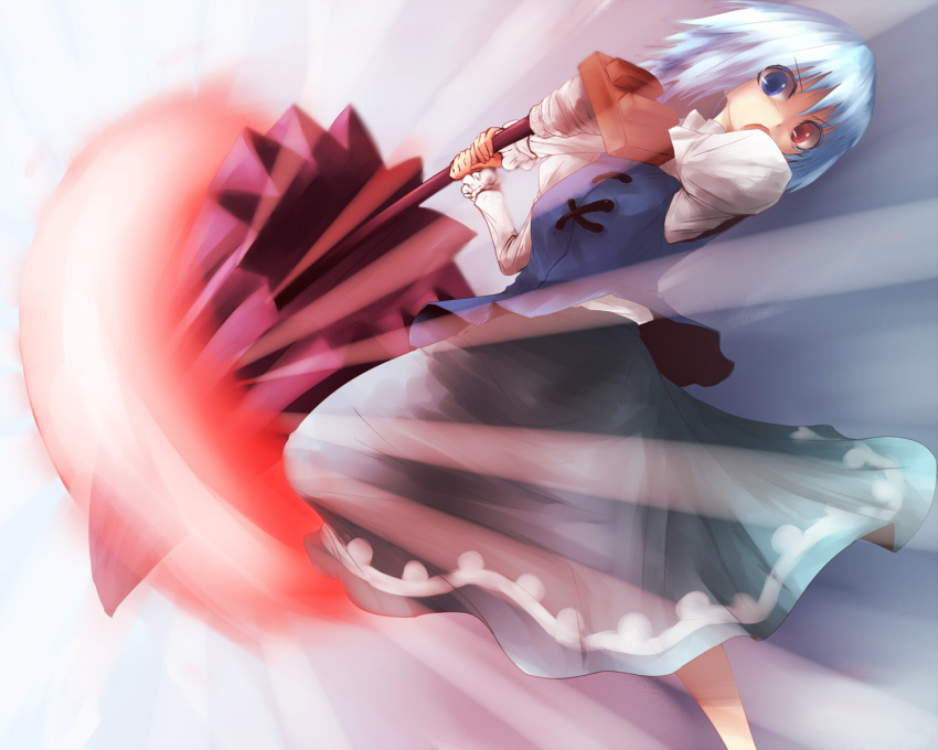 blue_eyes blue_hair calpish commentary_request female heterochromia highres karakasa_obake open_mouth purple_umbrella red_eyes short_hair skirt solo spell_card tatara_kogasa tongue touhou umbrella