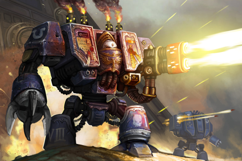 adeptus_astartes battle claws commentary_request dreadnought_(warhammer_40k) fire flamethrower lieqi_hun mecha missile missile_trail multi-melta no_humans photoshop_(medium) robot smoke smoke_trail ultramarines warhammer_40k weapon