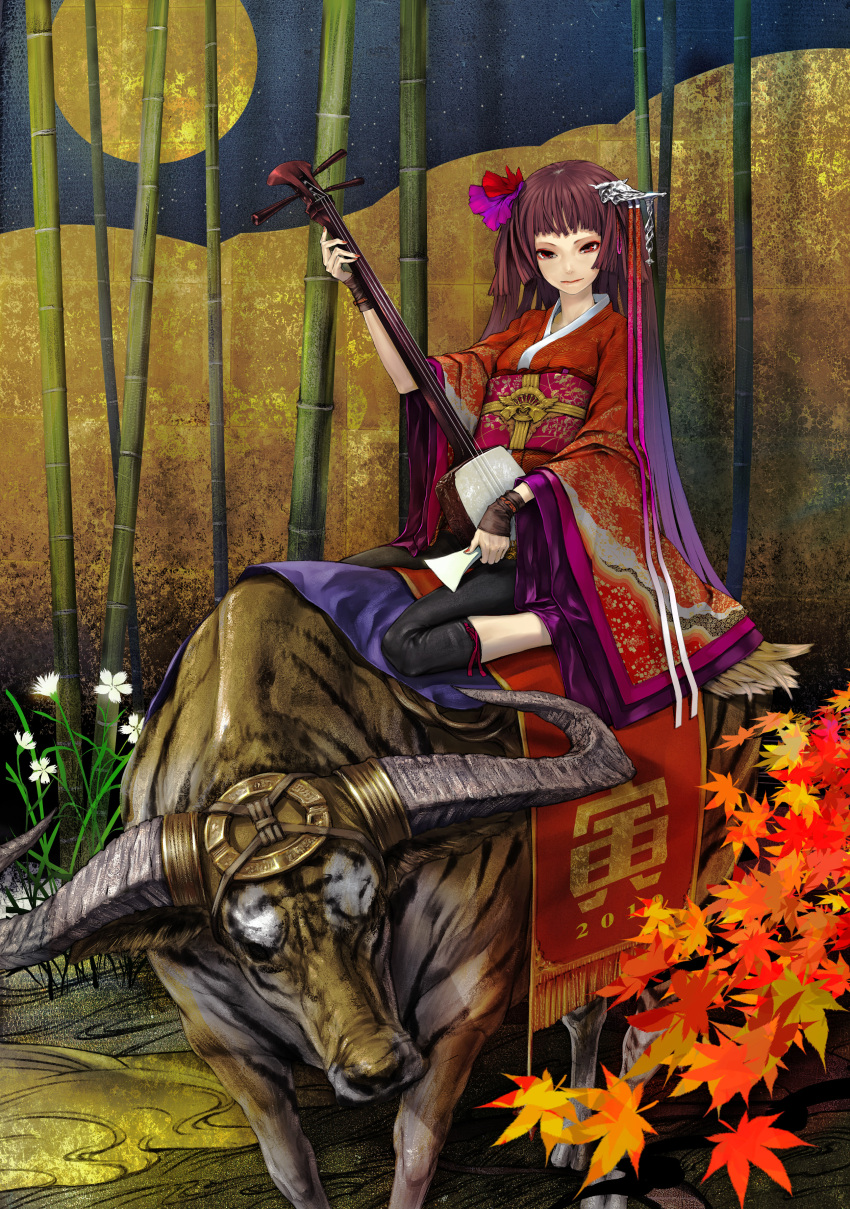 absurdres autumn autumn_leaves bachi bamboo bamboo_forest blunt_bangs brown_hair bull female flower forest hair_flower hair_ornament highres hime_cut horns instrument japanese_clothes jewelry kimono leaf long_hair makeup maple_leaf nature obi original plectrum red_eyes red_kimono redjuice sash shamisen short_kimono sidelocks sitting smile solo straight_hair very_long_hair water_buffalo