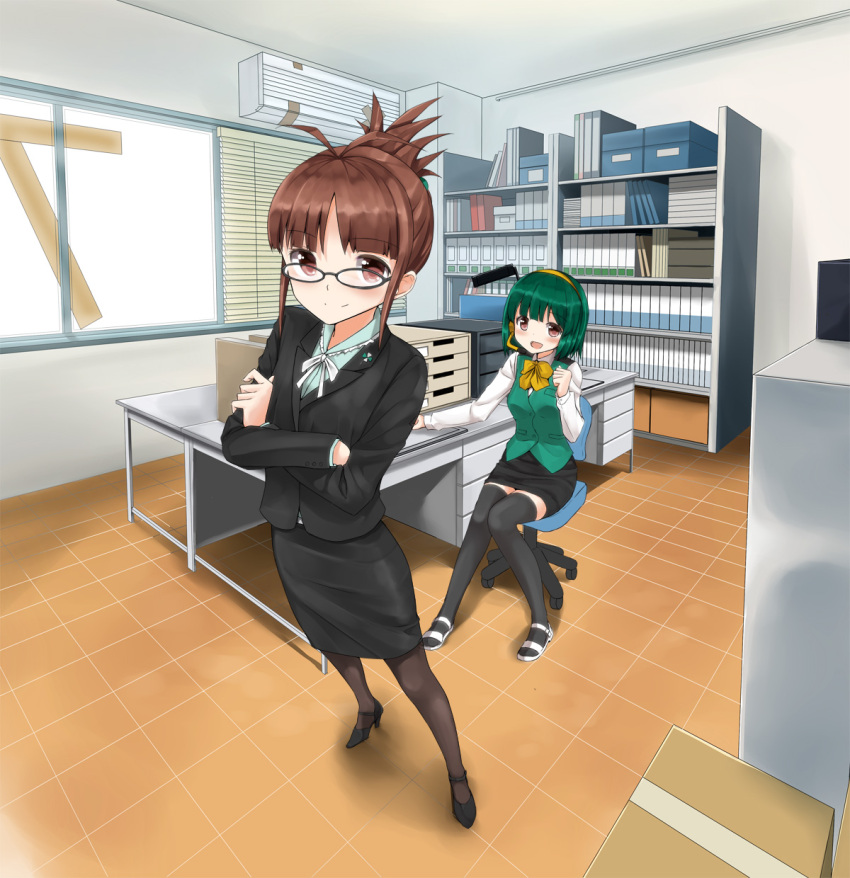 2girls akizuki_ritsuko bad_id bad_pixiv_id black_legwear brown_eyes brown_hair business folded_ponytail glasses green_hair highres idolmaster idolmaster_(classic) masamuuu multiple_girls otonashi_kotori pantyhose pencil_skirt photoshop_(medium) red_eyes short_hair skirt thighhighs